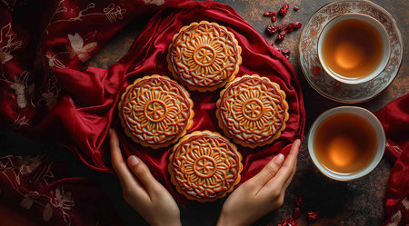 Mooncakes in female hands on red fabric and cups of tea on wooden table with space for text top view, created with Generative AI technologyの写真素材
