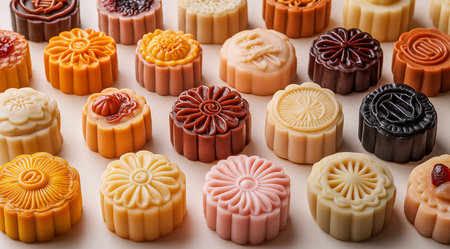 Multicolored mooncakes on a light background
