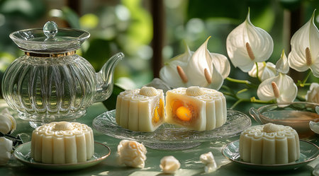 Mooncakes, teapot, cup of tea and white flowers on green table against green background, created...