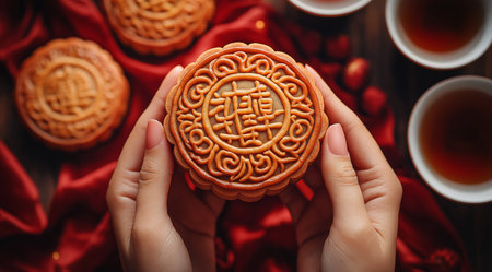 Mooncake in female hands against a background of red fabric on wooden table top view, created with Generative AI technologyの写真素材