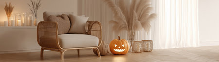 Cozy autumn decor with a pumpkin and cushions, AIの写真素材