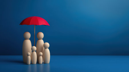 Wooden figures under a red umbrella, created with AIの写真素材