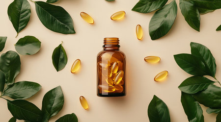 Amber bottle with capsules in green leaves, created with AIの写真素材