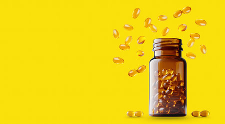 Golden capsules spill from a brown jar, created with AIの写真素材