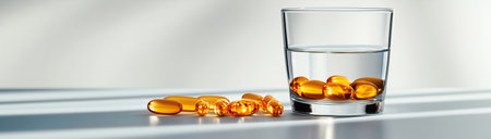 Capsules rest beside a glass of water on table, created with AIの写真素材