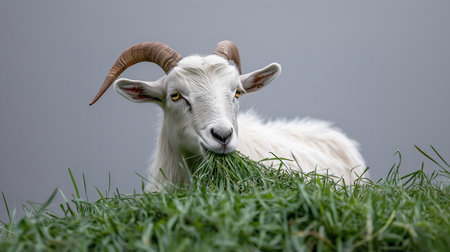 Goat grazes on lush grass, embodying farm life tranquility, created with Generative AIの写真素材