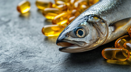 Caught fish near shiny fish oil pills, created with AIの写真素材