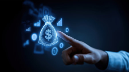 Hand points at a holographic money bag, created with AIの写真素材