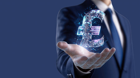 Businessman showcases tech-enhanced currency symbol, created with AIの写真素材