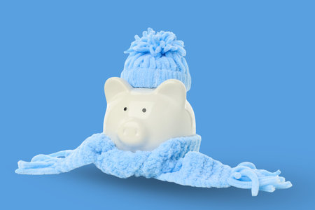 Piggy bank in winter gear for savings awarenessの写真素材