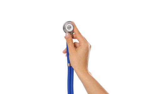 Hand gripping a stethoscope for assessment, isolated on white, PNGの写真素材