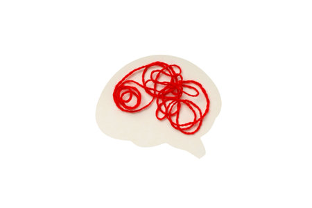 Red yarn shapes a brain on white, isolated on white, PNGの写真素材