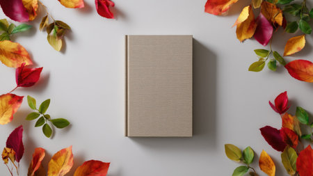 Autumn leaves surround a blank book, created with AI
