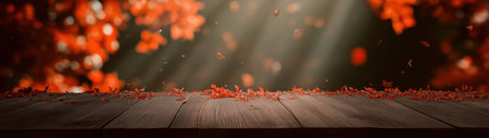 Colorful autumn leaves falling gently on a wooden table, created by AI