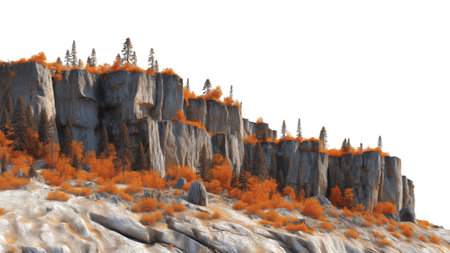 Colorful orange trees contrast against rugged cliffs, PNGの写真素材