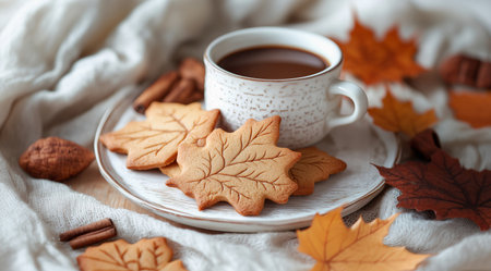 Coffee next to leaf cookies and fall decor, created with AIの写真素材