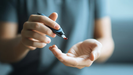 Person checks blood sugar levels at home using a device, created AI