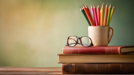 Pencils and glasses on stacked books for Teachers Day, created by AIの写真素材
