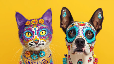 Dressed pets celebrate the Day of the Dead, created by AI