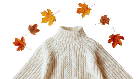 Cozy sweater with autumn leaves, created with AI, PNG