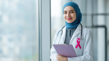 Doctor smiles to raise breast cancer awareness, created with AIの写真素材