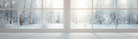 Snow blankets the ground as sunlight filters through, created AI