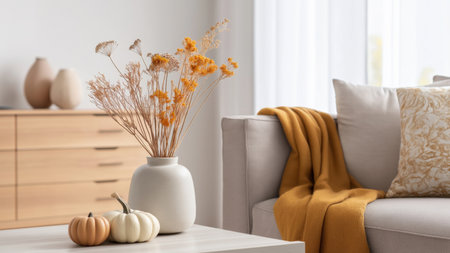 Chic living area with autumn florals and coziness, AIの写真素材