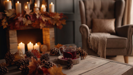 Warm drink on wooden table with autumn leaves, AIの写真素材