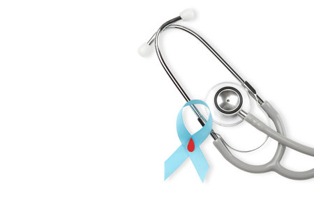 Stethoscope placed beside turquoise ribbon with drop, isolated, PNG