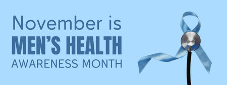 Text highlighting mens health awareness month with a blue ribbonの写真素材