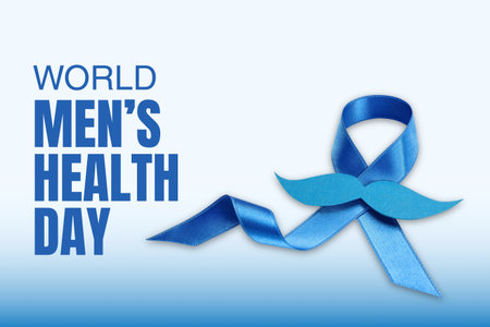 Blue awareness ribbon with paper mustache for men's healthの写真素材