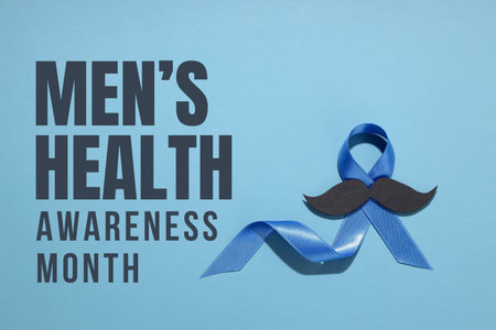 Blue ribbon symbolizing men's health awareness with mustacheの写真素材