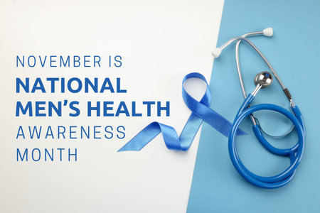 Men's Health Month: Blue ribbon and stethoscopeの写真素材
