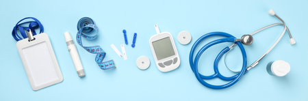 Diabetes management tools arranged on a light blue surface