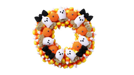 Candy corn and ghost wreath design, created AI, PNG