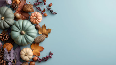 Festive display of colorful pumpkins and leaves, created by AIの写真素材