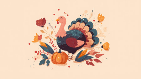 Colorful turkey among fall flowers and pumpkin, created by AI