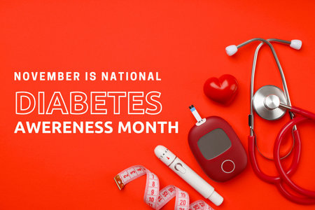 Red background with diabetes-related tools and symbols