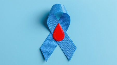 Blue ribbon, red drop: diabetes awareness, created AIの写真素材