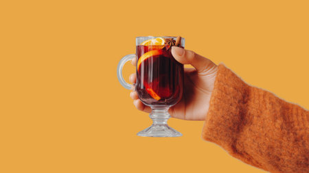 A person enjoys spiced autumn mulled wine with citrus, created by AIの写真素材