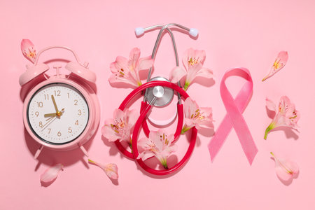 Pink alarm clock, stethoscope, ribbon, and flowers arrangedの写真素材