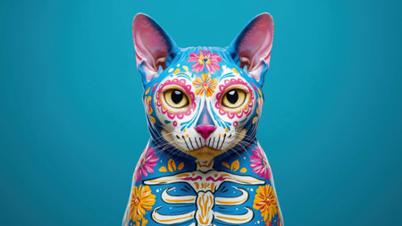 Cat in vibrant Day of the Dead paint shines, created by AIの写真素材