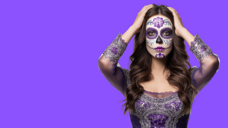 Woman with sugar skull makeup celebrates festival, created by AIの写真素材