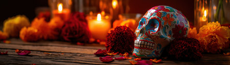 Sugar skull with marigolds and candles, created by AIの写真素材