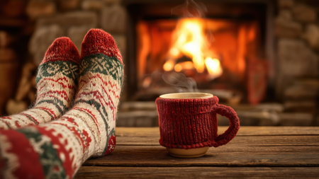 Steamy drink by festive socks by the fire, created by AIの写真素材