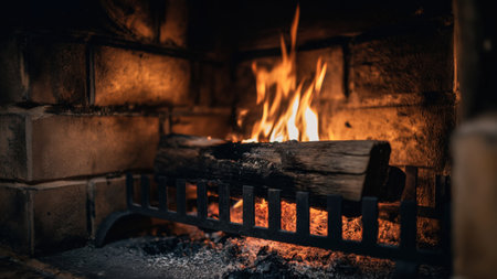 Warm flames flickering in a brick fireplace, created by AIの写真素材