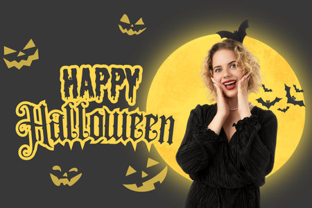 Curly haired woman joyfully celebrates happy Halloweenの写真素材