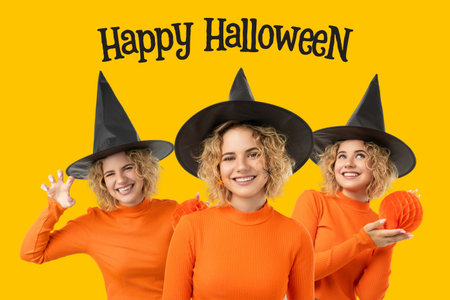 Witches in fun hats and bright clothes celebrate joyfullyの写真素材