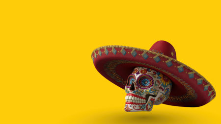 Skull in a sombrero shines with vibrant colors, created with AIの写真素材