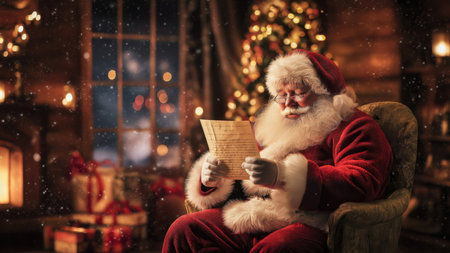 Santa reads a letter by the fireplace, created by AIの写真素材